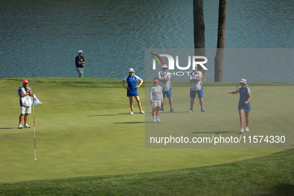 GAINESVILLE, VIRGINIA - SEPTEMBER 14: Anna Nordqvist of Team Europe reacts to her putt on the 11th green during Fourball Matches on Day Two...