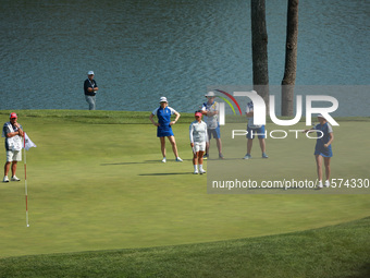 GAINESVILLE, VIRGINIA - SEPTEMBER 14: Anna Nordqvist of Team Europe reacts to her putt on the 11th green during Fourball Matches on Day Two...