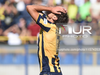 Romano Floriani Mussolini of SS Juve Stabia looks dejected during the Serie B match between SS Juve Stabia and Palermo FC at Stadio Romeo Me...