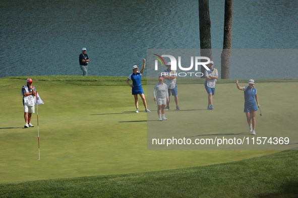 GAINESVILLE, VIRGINIA - SEPTEMBER 14: Anna Nordqvist of Team Europe reacts to her putt on the 11th green during Fourball Matches on Day Two...