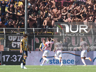 Jacopo Segre of Palermo FC celebrates with team mates after scoring during the Serie B match between SS Juve Stabia and Palermo FC at Stadio...