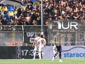 Jacopo Segre of Palermo FC celebrates with team mates after scoring during the Serie B match between SS Juve Stabia and Palermo FC at Stadio...