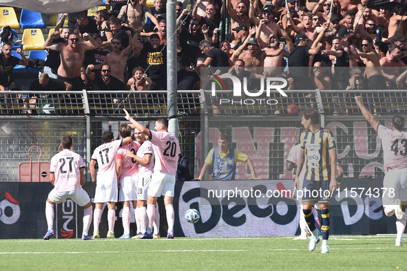 Jacopo Segre of Palermo FC celebrates with team mates after scoring during the Serie B match between SS Juve Stabia and Palermo FC at Stadio...