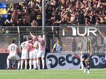 Jacopo Segre of Palermo FC celebrates with team mates after scoring during the Serie B match between SS Juve Stabia and Palermo FC at Stadio...