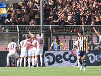 Jacopo Segre of Palermo FC celebrates with team mates after scoring during the Serie B match between SS Juve Stabia and Palermo FC at Stadio...