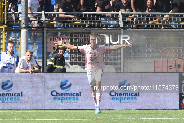 Jacopo Segre of Palermo FC celebrates after scoring during the Serie B match between SS Juve Stabia and Palermo FC at Stadio Romeo Menti Cas...