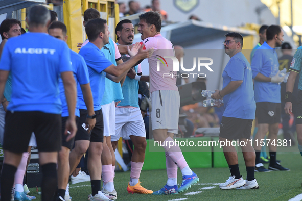 Jacopo Segre of Palermo FC celebrates with team mates after scoring during the Serie B match between SS Juve Stabia and Palermo FC at Stadio...