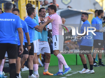 Jacopo Segre of Palermo FC celebrates with team mates after scoring during the Serie B match between SS Juve Stabia and Palermo FC at Stadio...