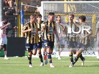 Andrea Adorante of SS Juve Stabia  celebrates with team mates after scoring during the Serie B match between SS Juve Stabia and Palermo FC a...