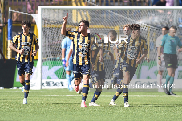 Andrea Adorante of SS Juve Stabia  celebrates with team mates after scoring during the Serie B match between SS Juve Stabia and Palermo FC a...