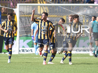 Andrea Adorante of SS Juve Stabia  celebrates with team mates after scoring during the Serie B match between SS Juve Stabia and Palermo FC a...