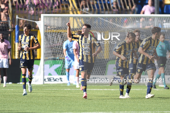 Andrea Adorante of SS Juve Stabia  celebrates with team mates after scoring during the Serie B match between SS Juve Stabia and Palermo FC a...