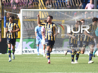 Andrea Adorante of SS Juve Stabia  celebrates with team mates after scoring during the Serie B match between SS Juve Stabia and Palermo FC a...