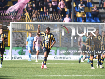 Andrea Adorante of SS Juve Stabia  celebrates with team mates after scoring during the Serie B match between SS Juve Stabia and Palermo FC a...