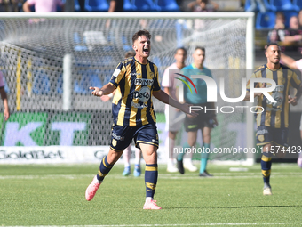 Andrea Adorante of SS Juve Stabia celebrates after scoring during the Serie B match between SS Juve Stabia and Palermo FC at Stadio Romeo Me...