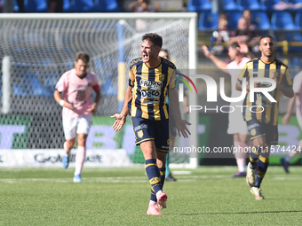 Andrea Adorante of SS Juve Stabia celebrates after scoring during the Serie B match between SS Juve Stabia and Palermo FC at Stadio Romeo Me...