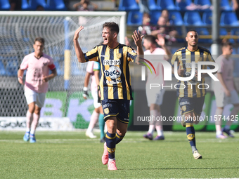 Andrea Adorante of SS Juve Stabia celebrates after scoring during the Serie B match between SS Juve Stabia and Palermo FC at Stadio Romeo Me...