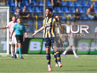 Andrea Adorante of SS Juve Stabia celebrates after scoring during the Serie B match between SS Juve Stabia and Palermo FC at Stadio Romeo Me...