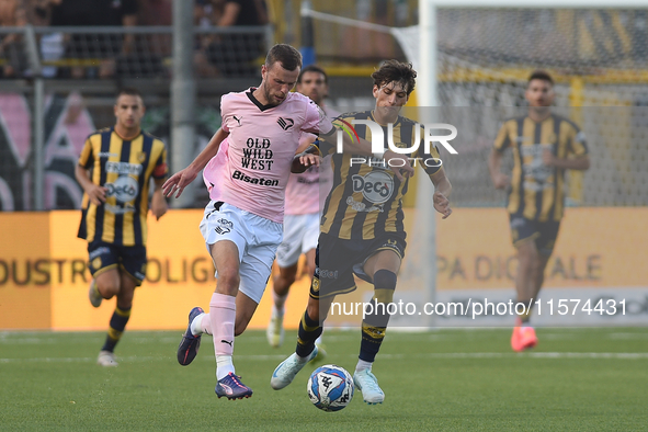 Jeremy Le Douaron of Palermo FC competes for the ball with Romano Floriani Mussolini of SS Juve Stabia during the Serie B match between SS J...