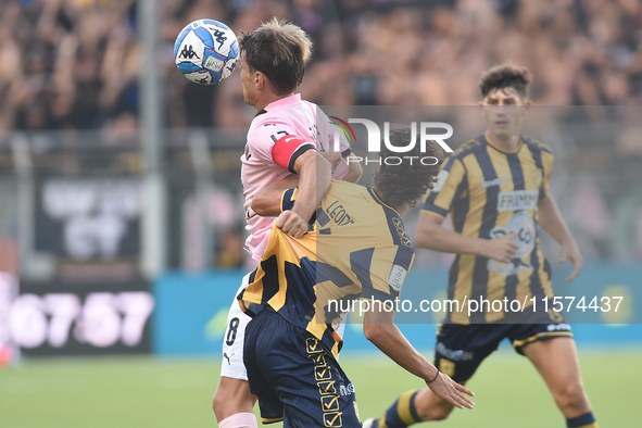 Jacopo Segre of Palermo FC competes for the ball with Giuseppe Leone of SS Juve Stabia during the Serie B match between SS Juve Stabia and P...