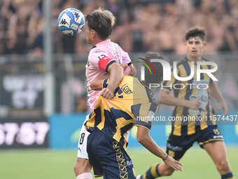 Jacopo Segre of Palermo FC competes for the ball with Giuseppe Leone of SS Juve Stabia during the Serie B match between SS Juve Stabia and P...