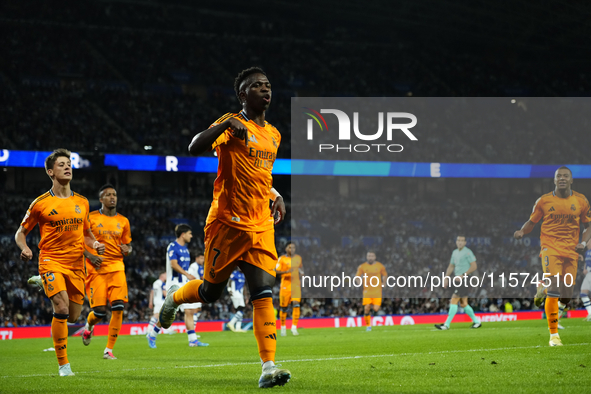 Vinicius Junior left winger of Real Madrid and Brazil celebrates after scoring his sides first goal during the La Liga match between Real So...