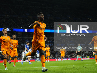 Vinicius Junior left winger of Real Madrid and Brazil celebrates after scoring his sides first goal during the La Liga match between Real So...