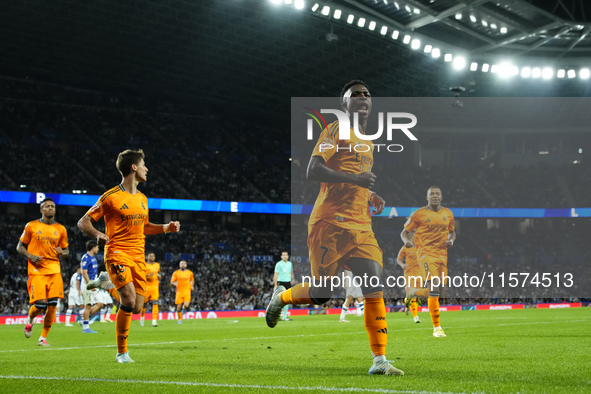 Vinicius Junior left winger of Real Madrid and Brazil celebrates after scoring his sides first goal during the La Liga match between Real So...