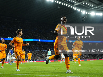 Vinicius Junior left winger of Real Madrid and Brazil celebrates after scoring his sides first goal during the La Liga match between Real So...