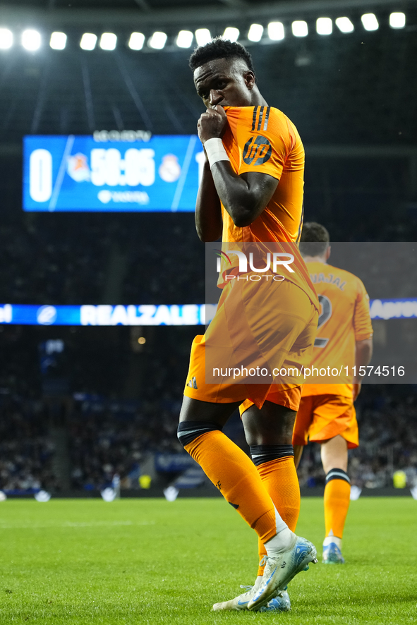 Vinicius Junior left winger of Real Madrid and Brazil celebrates after scoring his sides first goal during the La Liga match between Real So...