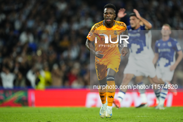 Vinicius Junior left winger of Real Madrid and Brazil celebrates after scoring his sides first goal during the La Liga match between Real So...