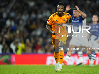 Vinicius Junior left winger of Real Madrid and Brazil celebrates after scoring his sides first goal during the La Liga match between Real So...