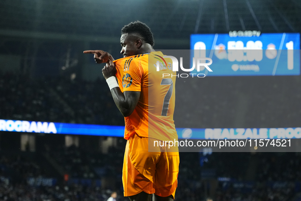 Vinicius Junior left winger of Real Madrid and Brazil celebrates after scoring his sides first goal during the La Liga match between Real So...