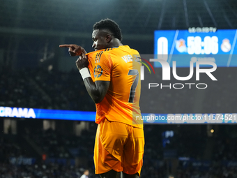 Vinicius Junior left winger of Real Madrid and Brazil celebrates after scoring his sides first goal during the La Liga match between Real So...