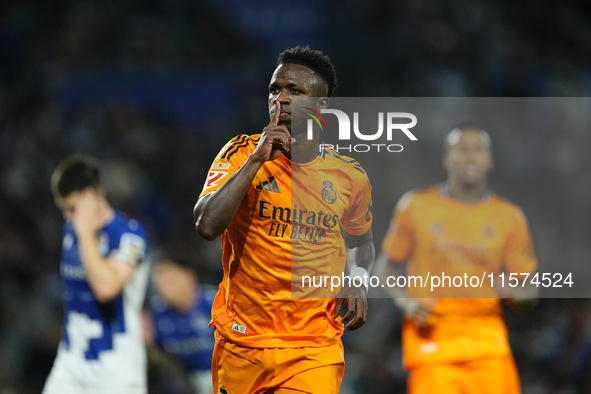 Vinicius Junior left winger of Real Madrid and Brazil celebrates after scoring his sides first goal during the La Liga match between Real So...