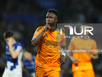 Vinicius Junior left winger of Real Madrid and Brazil celebrates after scoring his sides first goal during the La Liga match between Real So...