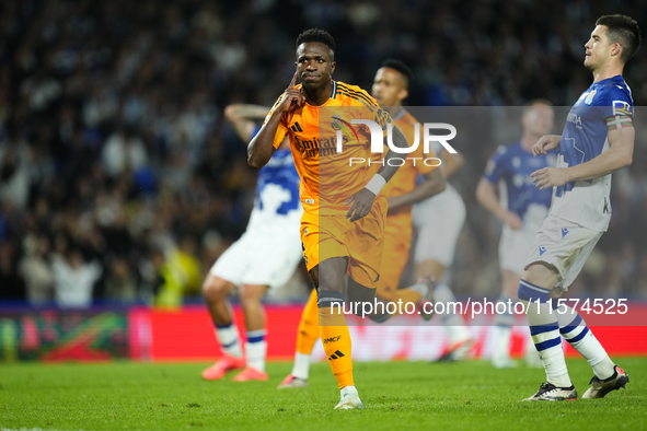 Vinicius Junior left winger of Real Madrid and Brazil celebrates after scoring his sides first goal during the La Liga match between Real So...