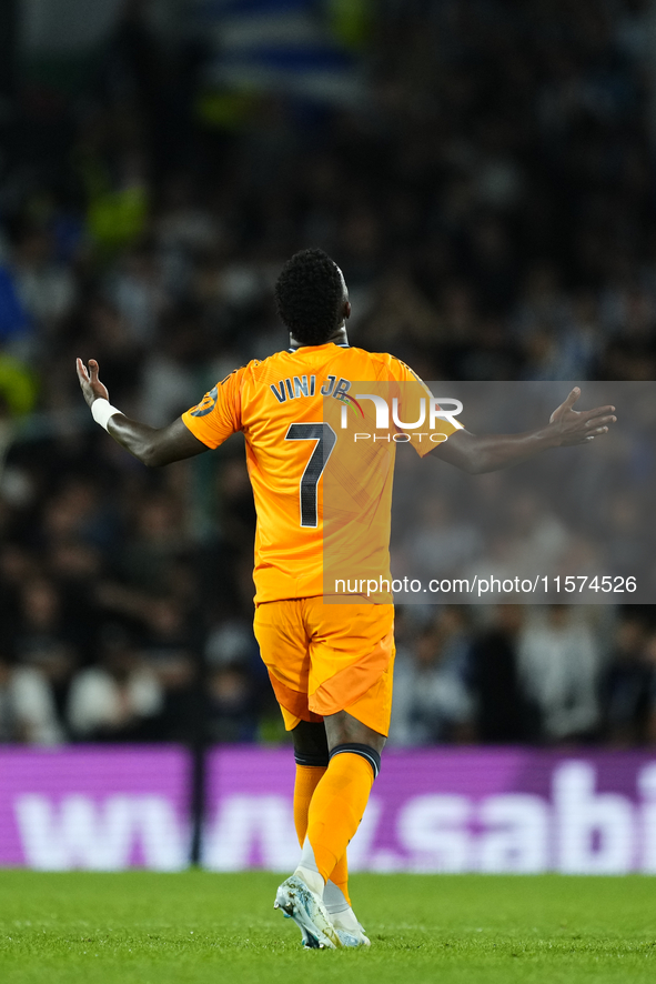 Vinicius Junior left winger of Real Madrid and Brazil celebrates after scoring his sides first goal during the La Liga match between Real So...