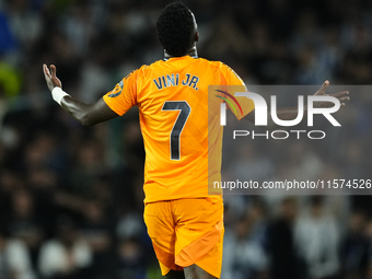 Vinicius Junior left winger of Real Madrid and Brazil celebrates after scoring his sides first goal during the La Liga match between Real So...