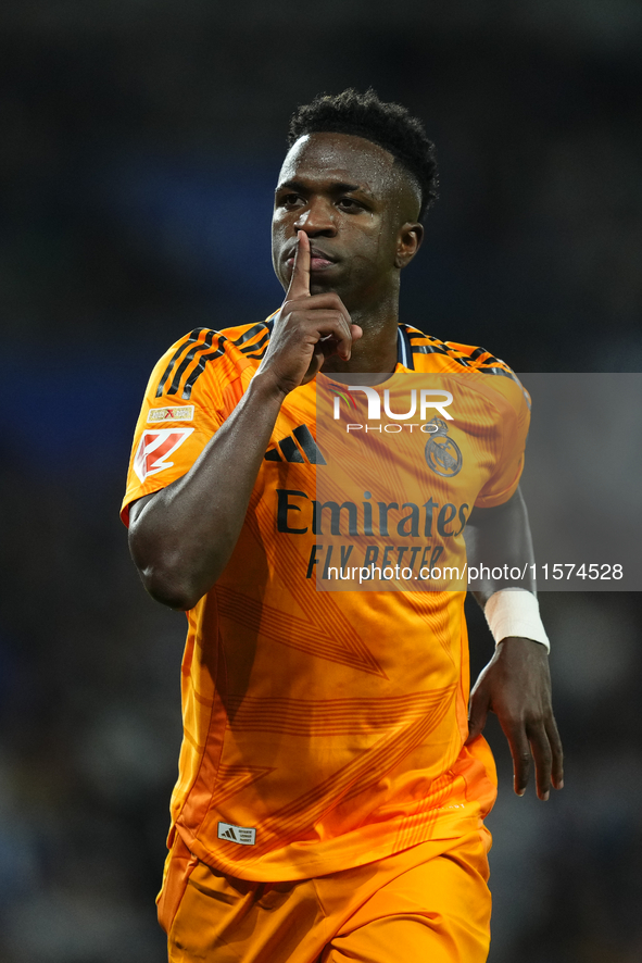 Vinicius Junior left winger of Real Madrid and Brazil celebrates after scoring his sides first goal during the La Liga match between Real So...