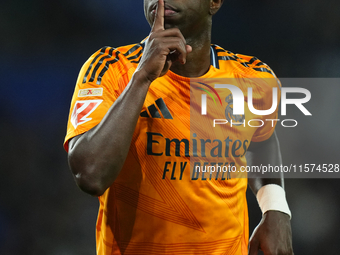 Vinicius Junior left winger of Real Madrid and Brazil celebrates after scoring his sides first goal during the La Liga match between Real So...