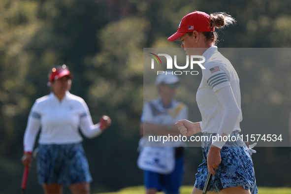 GAINESVILLE, VIRGINIA - SEPTEMBER 14: Sarah Schmelzel of the United States reacts to her putt on the 11th green during Foursomes Matches on...