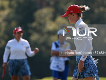 GAINESVILLE, VIRGINIA - SEPTEMBER 14: Sarah Schmelzel of the United States reacts to her putt on the 11th green during Foursomes Matches on...