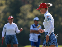 GAINESVILLE, VIRGINIA - SEPTEMBER 14: Sarah Schmelzel of the United States reacts to her putt on the 11th green during Foursomes Matches on...