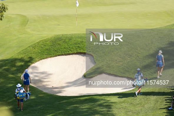 GAINESVILLE, VIRGINIA - SEPTEMBER 14: Anna Nordqvist of Team Europe and Madelene Sagstrom approaches the 11th green during Fourball Matches...