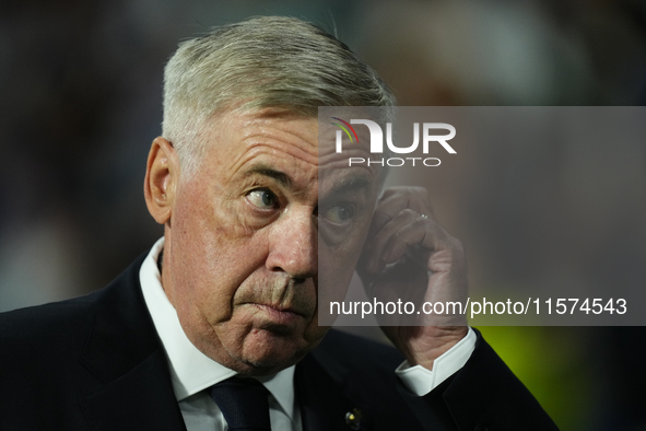 Carlo Ancelotti head coach of Real Madrid during the La Liga match between Real Sociedad de Futbol and Real Madrid CF at Reale Arena on Sept...