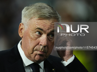 Carlo Ancelotti head coach of Real Madrid during the La Liga match between Real Sociedad de Futbol and Real Madrid CF at Reale Arena on Sept...