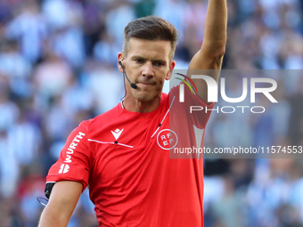 The referee Juan Luis Pulido Santana officiates the match between RCD Espanyol and Deportivo Alaves, corresponding to week 5 of LaLiga EA Sp...