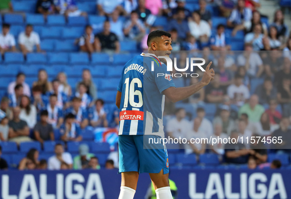 Walid Cheddira plays during the match between RCD Espanyol and Deportivo Alaves, corresponding to week 5 of LaLiga EA Sports, at the RCDE St...