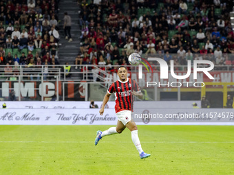 Noah Okafor plays during the Serie A match between AC Milan and Venezia FC in Milano, Italy, on September 14, 2024, at Stadio Giuseppe Meazz...